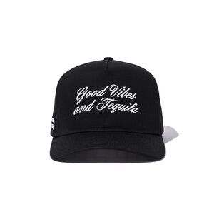 Uncommon James Black Hat with White Script "Good Vibes and Tequila"
